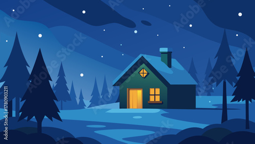 Cozy winter holiday landscape with a snowy cottage and forest at night