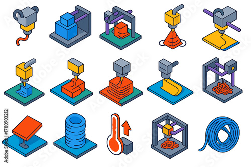 3D Printing Problems. Isometric vector illustration set 3D Printing Troubleshooting: clogged nozzle, layer shifting, stringing