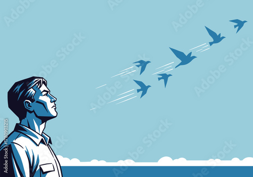 Reflective man observes birds in flight against a blue sky background