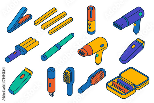 Colorful Hairdressing Tools. Isometric vector illustration set Hairdressing and Grooming Tools: cordless straightener, mini