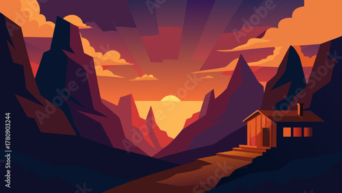 Dramatic mountain landscape at dawn and dusk showcasing sunsets and sunrises with vibrant orange and red sky colors, capturing the beauty of nature with clouds and fog on the peak view