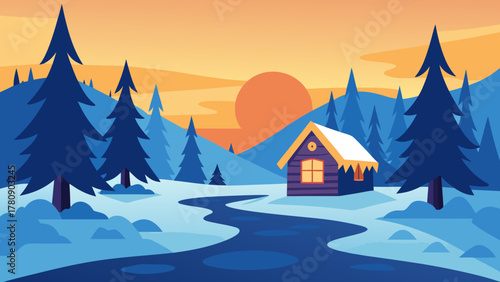 Cozy house in a snowy mountain landscape with a forest of trees and a night sky, perfect for a Christmas holiday card illustration