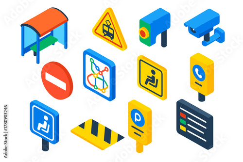 Public Transport Safety Icons. Isometric vector illustration set Public Transport Safety: bus stop shelter, tram safety sign,