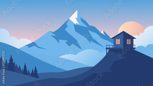 Blue mountains landscape at sunrise with snow and morning mist