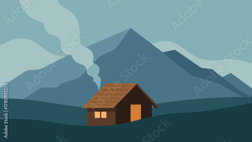 Alpine hut and small wooden house with green grass meadow, summer sky, and majestic mountains landscape view