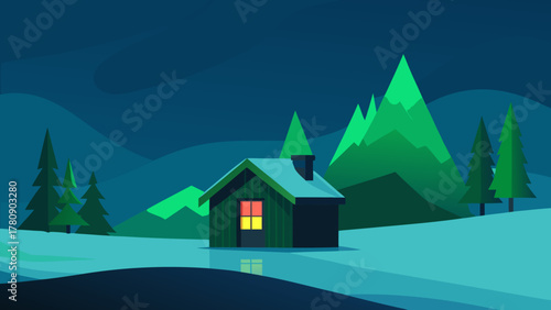Winter snow landscape with a cozy Christmas cabin in the forest and mountains
