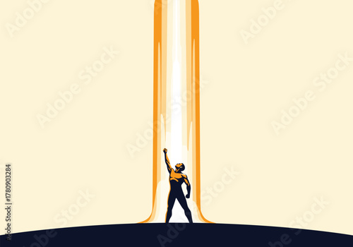 Futuristic hero silhouette standing in dynamic light beam on minimalist background