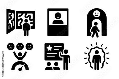 Interactive Art Spaces. Solid style icons of gallery interaction spaces: room with reactive art walls, viewer expression booth,