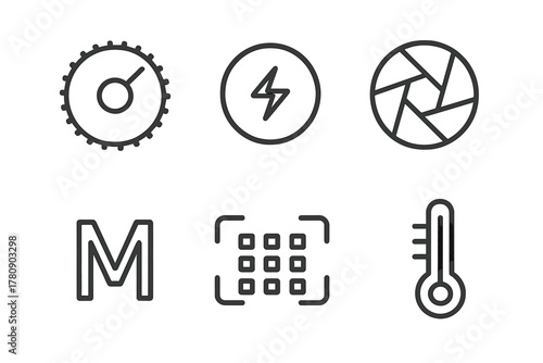 Camera Settings Icons. Line style icons of camera settings: ISO dial, shutter speed icon, aperture f-stop ring, manual mode symbol