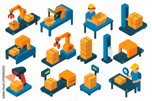 Automated Packaging Line. Isometric vector illustration set Automated Packaging Line: robotic arm, carton erector, box packing