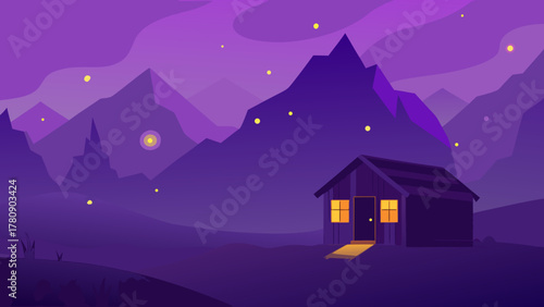 Cartoon vector silhouette of a haunted house on a hill in a dark winter night landscape with a bright moon and bare trees