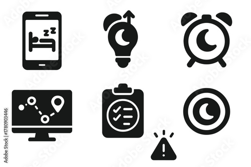 Lucid Dream App Icons. Solid style icons of lucid dream apps: mobile sleep tracker, intention reminder icon, dream alarm glyph.