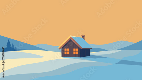 Isolated cottage building on a snowy hill, a tranquil winter landscape illustration of a mountain home