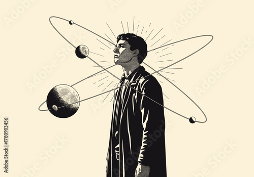 Surreal portrait of a man with planets and atomic orbits in monochrome art