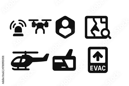 Recovery Tools Icons. Solid style icons of post-jump recovery tools: beacon glyph, pickup drone icon, crew badge. Signal ring, GPS
