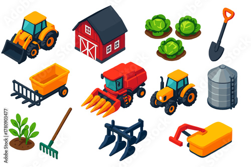 Agriculture Machinery Icons. Isometric vector illustration set agriculture: utility loader tractor, country barn, cabbage plants,