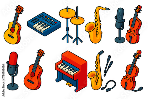 Vibrant Music Instruments. Isometric vector illustration set music instruments: parlor travel guitar, compact synthesizer piano,