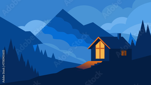 Vector illustration of a mountain landscape with a cozy village house or real estate building, featuring trees, a roof, and snow-capped peaks against the sky
