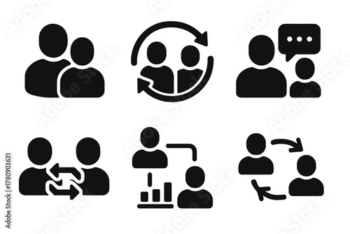 Mentorship Icon Set. Solid style icons of mentorship platforms: dual profile icon, reverse connection ring, mentoring app glyph.