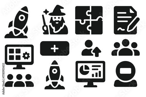 DAO Creation Icons. Solid style icons of DAO creation platforms: launch DAO rocket, modular setup wizard, deploy contract icon.