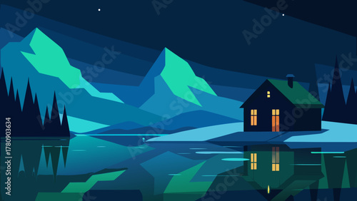 Winter landscape illustration of a mountain house with snow, moon, stars, and Christmas light