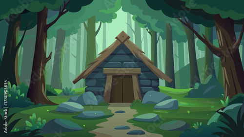 Wooden cabin illustration in a summer forest landscape, perfect for a cozy rural home design