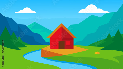 Mountain landscape illustration with a charming country house, bright green meadow, and summer sky