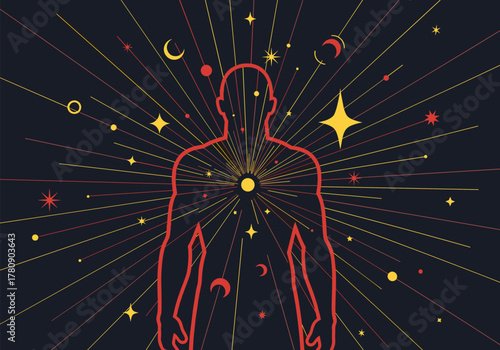 Silhouette of human figure with celestial radiance and cosmic light rays