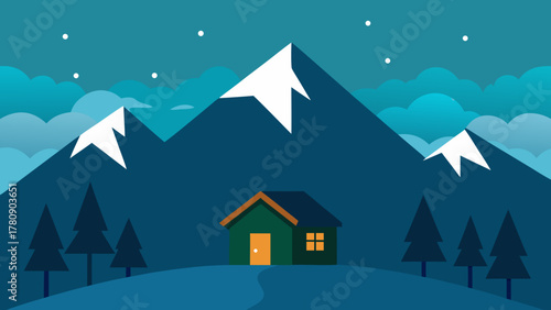 Cozy Christmas winter landscape vector illustration with snow-covered houses, trees, and stars in the night sky