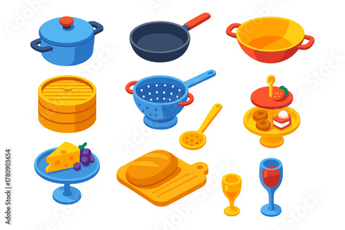 Bold Kitchen Icons. Isometric vector illustration set Kitchen and Dining Elements: sauté pan with lid, frying pan non-stick,