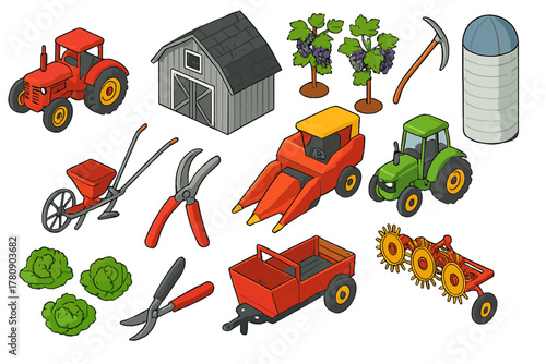 Agriculture Icon Set. Isometric vector illustration set agriculture: vintage red tractor, grey barn, grapevine plants, scythe, row