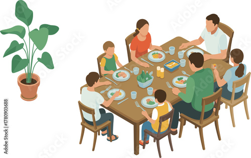 isometric illustration of family dining together at home table, happy parents and children eating healthy meal in cozy atmosphere