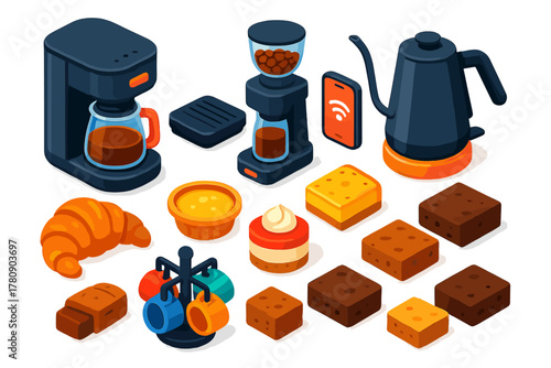 Coffee Gear & Treats. Isometric vector illustration set Coffee Equipment and Breakfast Treats: smart coffee maker, digital coffee