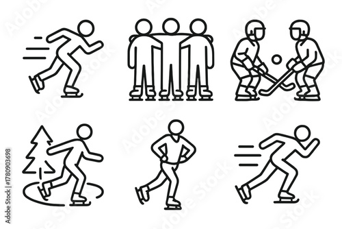 Ice Sport Icons. Line style icons of ice cross culture: racing legacy icon, community skate days, team traditions, training