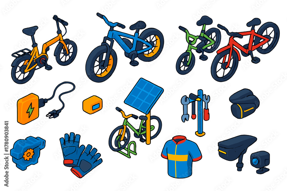 Fototapeta premium Isometric E-Bike Icons. Isometric vector illustration set electric bicycle: city folding e-bike, mountain fat tire e-bike,