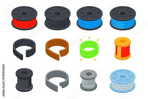 3D Filament Icons. Isometric vector illustration set 3D Printer Filament Types: PLA spool, ABS spool, PETG spool, TPU spool, nylon