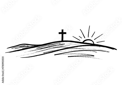 Minimalist cross on hill with sunrise in sketch style