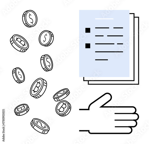 Hand offering papers with checkpoints and scattered coins representing financial exchange, cryptocurrency, economy. Ideal for payment, investment, business deal, fintech, trade, accounting simple