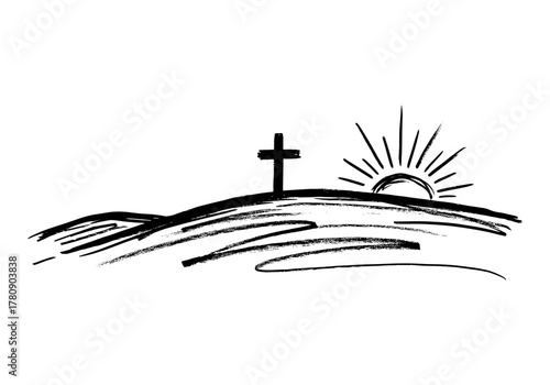 Hand drawn cross with sunrise on hill: spiritual and inspirational scene
