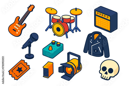 Isometric Musical Icons. Isometric vector illustration set Musical genres – electric guitar, drum kit, amplifier; microphone stand