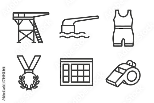 Retro Diving Icons. Line style icons of historic diving imagery: retro diving platform, early board design, vintage swimsuit,