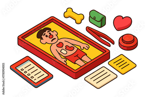 Colorful Board Game Elements. Isometric vector illustration set Board games – patient board, tweezers tool, body cavity opening;