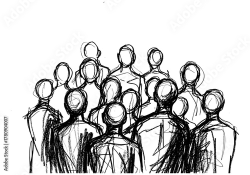 Diverse group of people sketch in black and white ink style