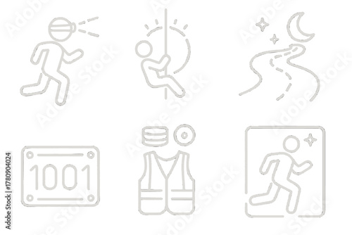 Nighttime Sports Icons. Line style icons of nighttime OCR: headlamp runner, glowing rope swing, lit course path, neon bib number,