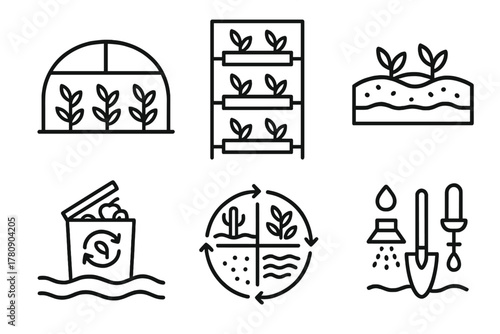 Desert Sustainable Farming Icons. Line style icons of sustainable farming in deserts: polyhouse structure, vertical farming frame,