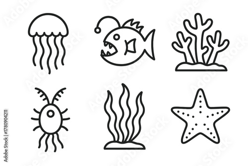 Ocean Biodiversity Icons. Line style icons of ocean biodiversity: jellyfish, deep-sea fish, coral structure, plankton icon, kelp