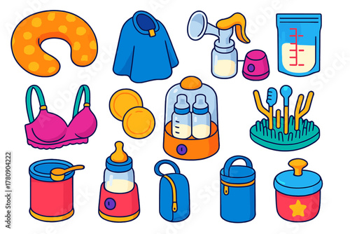 Colorful Baby Essentials Icons. Isometric vector illustration set Baby Essentials: nursing pillow, breastfeeding cover, breast
