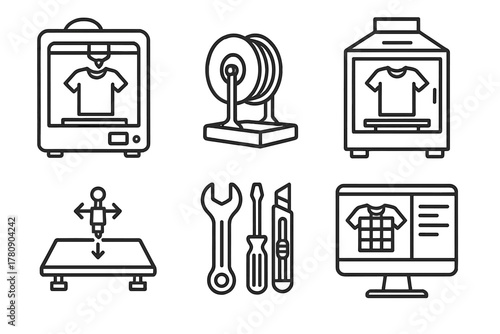 3D Clothing Production Setup. Line style icons of 3D clothing production setup: desktop 3D printer, spool holder station,
