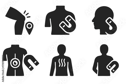 Magnetism Pain Relief Icons. Solid style icons of magnetism for pain relief: joint pain marker, muscle tension icon, headache