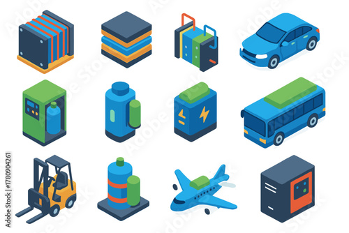 Hydrogen Fuel Cell Technology. Isometric vector illustration set Hydrogen Fuel Cells: PEM fuel cell stack, solid oxide fuel cell,